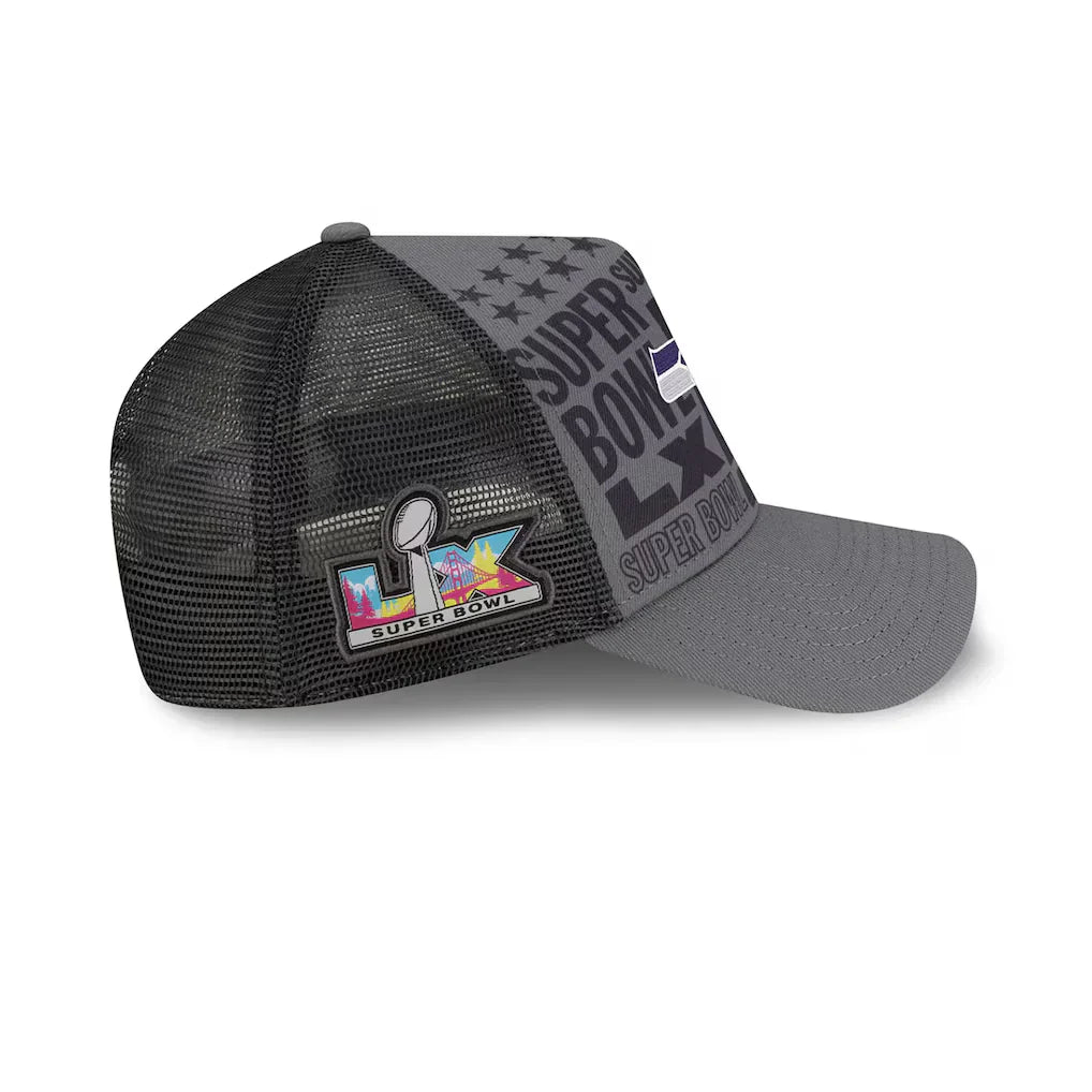 Men's New England Patriots New Era Charcoal Super Bowl LX 9FORTY A-Frame Trucker Adjustable Hat